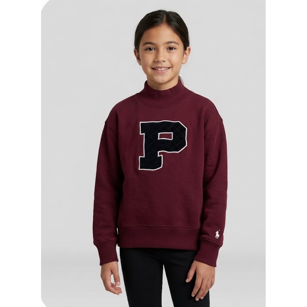 Polo Ralph Lauren Girls Medium 8-10 Burgundy Mock Neck P Letter Patch Sweatshirt